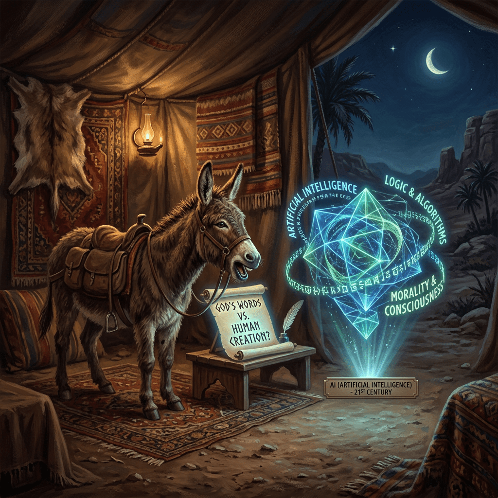 Donkey in tent with scroll reading 'God's Words vs. Human Creation?' and a hologram of AI concepts